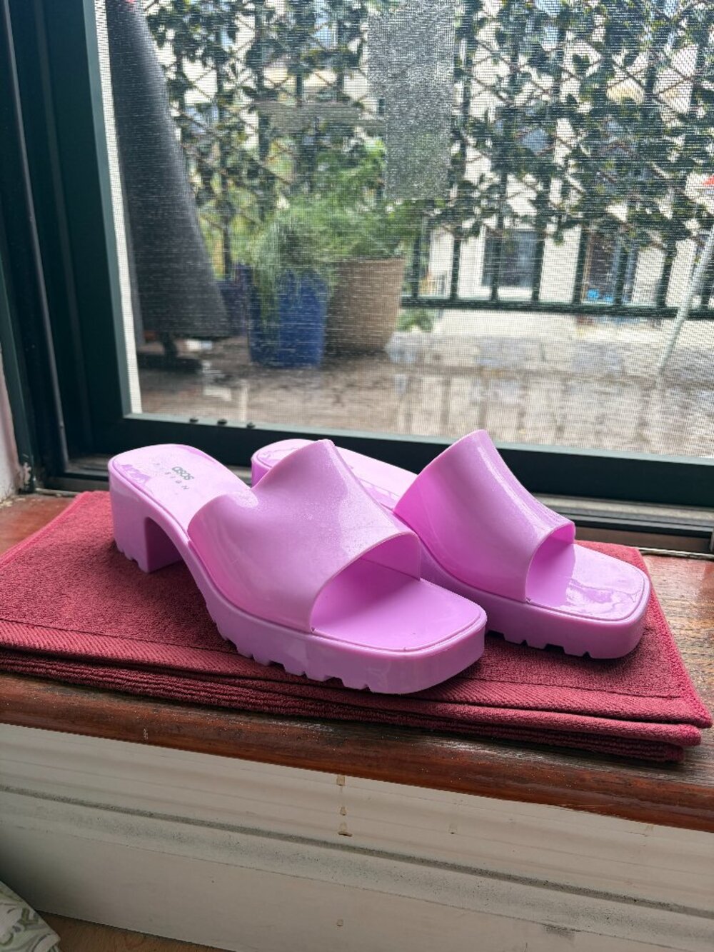 ASOS DESIGN Heat Jelly Heeled Mules in pink